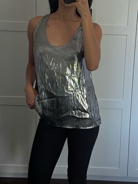Massimo Dutti Women's Silver Metallic Tank Top - Sleeveless Scoop Neck